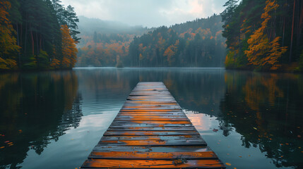 Wooden pier on calm lake surrounded by colorful autumn © Martarina