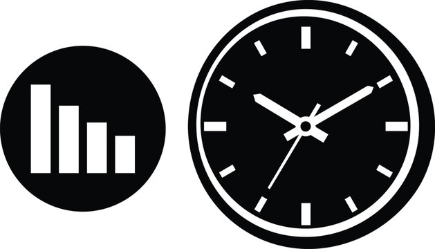 Minimalist Black Silhouette Vector Icon of a Round Clock with a Descending Bar Chart Representing Time Management Decline and Performance Metrics