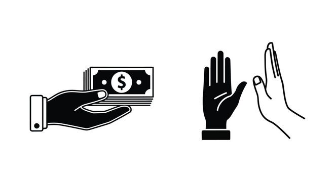 Stop bribery and refuse money vector icon isolated on white Black and white outline line art and solid glyph silhouette