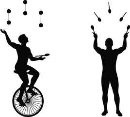 Juggler performing on unicycle and standing silhouette illustration set representing circus performance, balance skills and entertainment concept © Kulsum