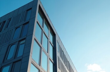 Fototapeta premium Modern dark office building facade with large glass windows. Contemporary architecture against clear blue sky. Reflective exterior panels show sky details. Urban cityscape geometric design.