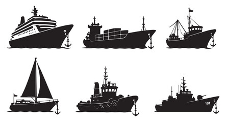 Set of Ship Silhouettes: Cruise Cargo Fishing Sailboat Tugboat Warship © Madaheen
