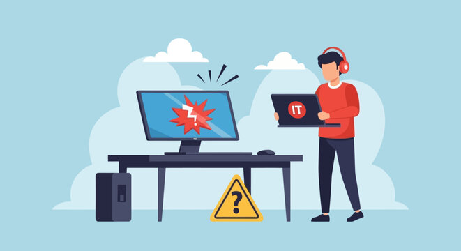 Man holding laptop with warning.
