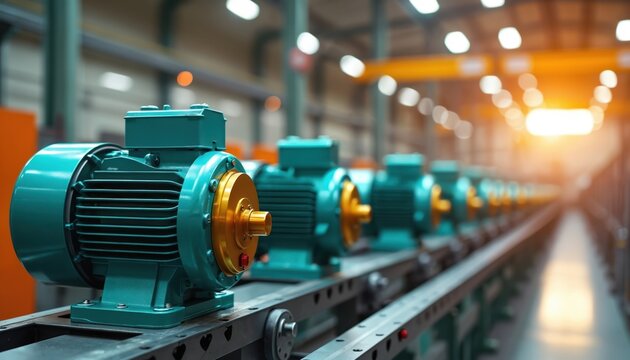 Electric motors line up in bright factory. Industrial machines await calibration. Production process involves precision engineering, quality control. Shiny equipment signifies advanced manufacturing.