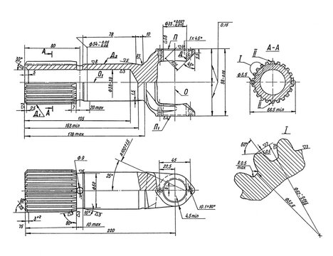 Driveshaft fork, cardan of truck. Engineering automotive mechanical drawing of steel 
device on paper sheet. Industrial cad scheme. 
Technology design of machine building industry. 
Machined template.