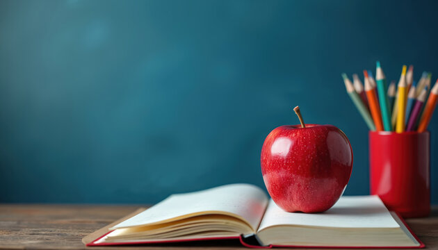 Red apple rests on open book near colored pencils in holder against blue background. Wooden desk surface creates a learning environment. Education concept with school supplies.