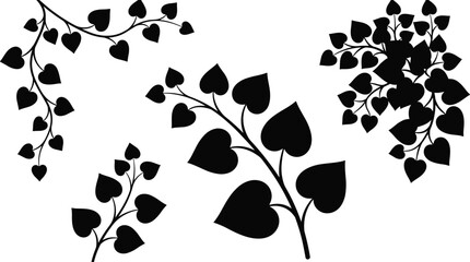 Black heart shaped leaf vine silhouettes set isolated on white background for decorative floral design and romantic wedding ornaments © IconicCreations