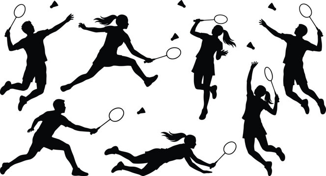 Black silhouettes of professional male and female badminton players in various action poses including jumping smashes and diving saves isolated on white background