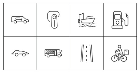 Fototapeta premium transportation icon set with recirculation, hands free device, road with broken lines, delivery bike signs in flat outline style