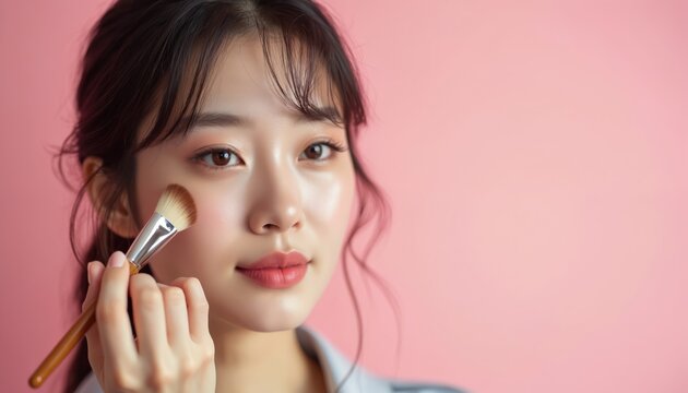 Asian woman applies face makeup with brush. Young female uses cosmetic product for skin care. She looks in mirror, applying blush for beauty routine.