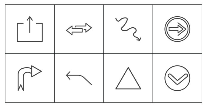 user interface icon set with export button, double arrows, triangular, expand button signs in flat outline style
