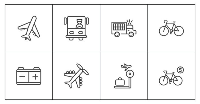 transportation icon set with air transport, bus front with driver, airport checking, bicycle rental signs in flat outline style
