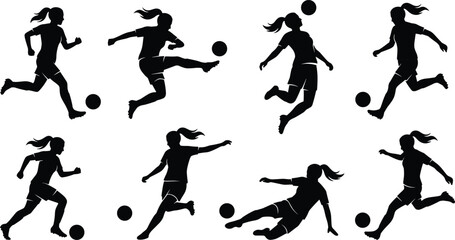 Set of black silhouettes featuring female soccer players in action poses including kicking heading the ball and sliding tackles isolated on white background © IconicCreations