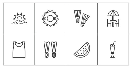 summer icon set with sun at sea, rubber ring, slice of melon, milkshake signs in flat outline style © Abstract