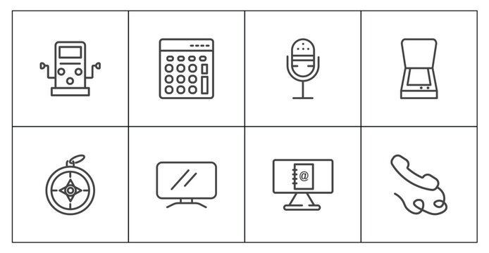 technology icon set with dialysis, basic calculator, , signs in flat outline