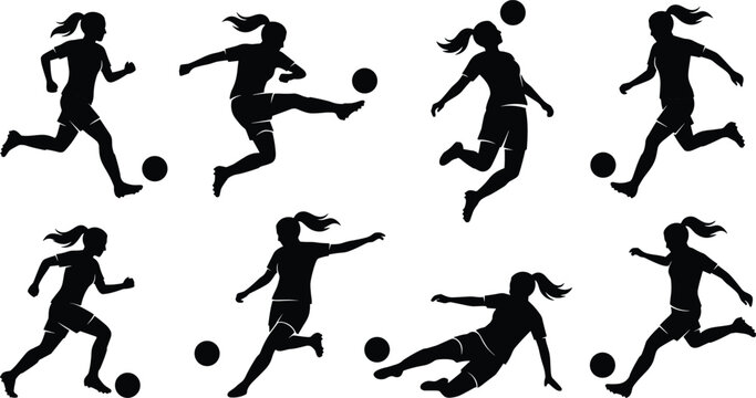 Set of black silhouettes featuring female soccer players in action poses including kicking heading the ball and sliding tackles isolated on white background