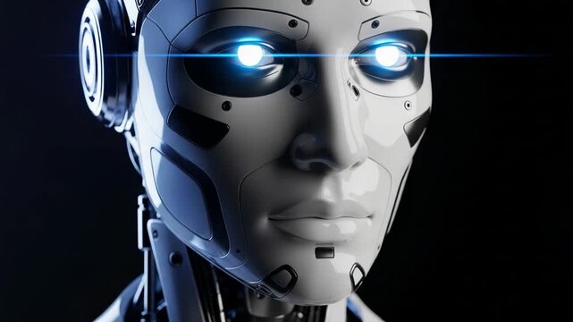 Closeup of a futuristic humanoid robot face with glowing eyes