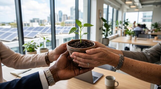 Business Professionals Hands Holding Plant Sprout in Modern Office with Solar Panels Window