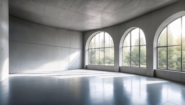 empty modern concrete hall curved window a spacious empty modern hall with polished concrete floors and smooth light grey concrete
