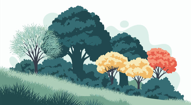 A vibrant and colorful vector illustration of a lush forest on a grassy hill, showcasing diverse trees and foliage in a picturesque landscape