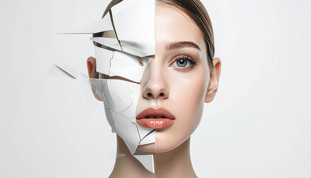 Womans face fragmented and whole