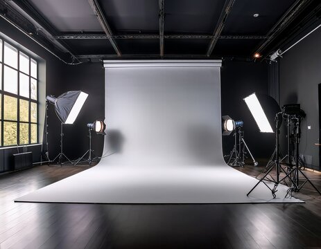high contrast photography studio with seamless backdrop a professional photo studio featuring a large matte black cyc wall and a crisp white