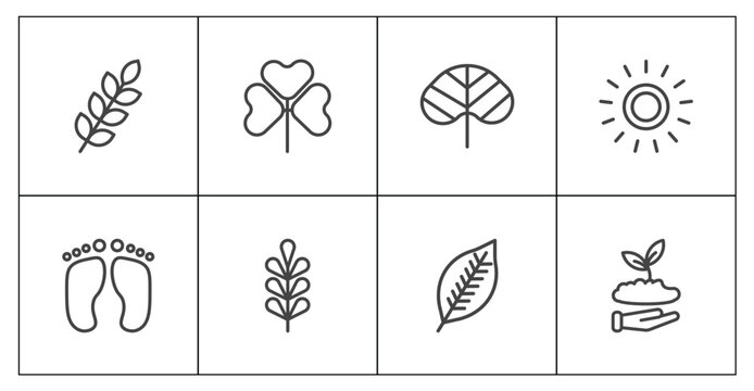 nature icon set with briar leaf, trifoliate ternate, lemon leaf, seeding signs in flat outline style