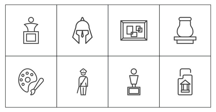 museum and exhibition icon set with sculpture, roman or greek helmet, bust, archivist signs in flat outline style