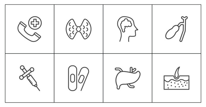 medical icon set with emergency call, thyroid gland, liver, epidermis signs in flat outline style
