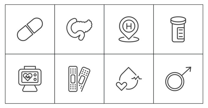 medical icon set with medical pill, pancreas, blood pressure, male signs in flat outline style