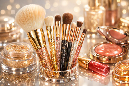 Glamorous makeup brush set with glitter and shimmering cosmetics makeup artist beauty products makeup kit beauty tools cosmetic bag makeup colle