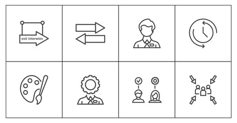 Fototapeta premium human resources icon set with exit interview, compare, onboarding, meeting point signs in flat outline style