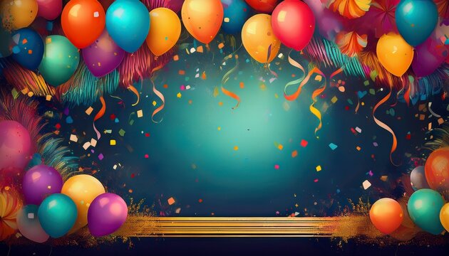 festival carnival or birthday party frame with balloons streamers and confetti