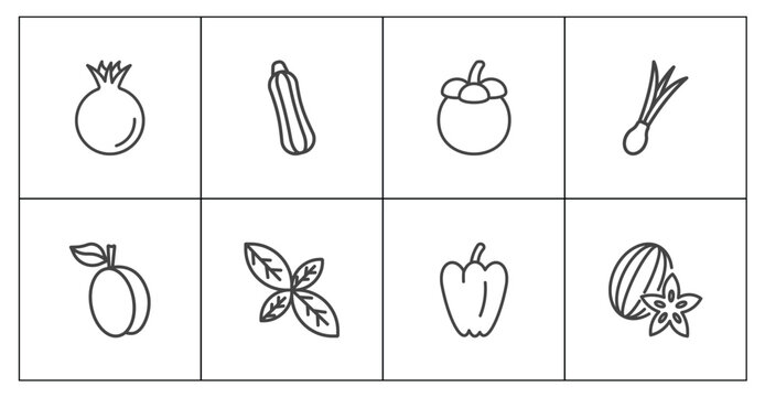 vegetables and fruits icon set with pomegranate, courgette, paprika, carambola signs in flat outline style