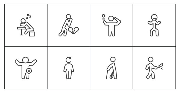 feeling and reaction icon set with lazy human, heartbroken human, hurt human, awful signs in flat outline style