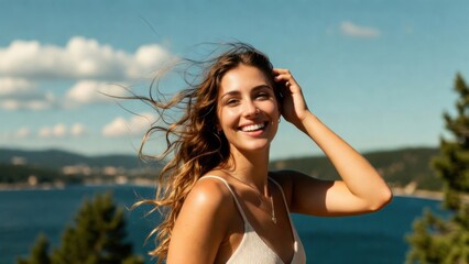 Naklejka premium Young woman smiling touching hair overlooking water and hills