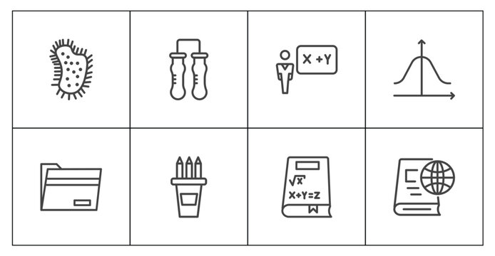 education icon set with parasites, communicating vessels, math book, international studies signs in flat outline style