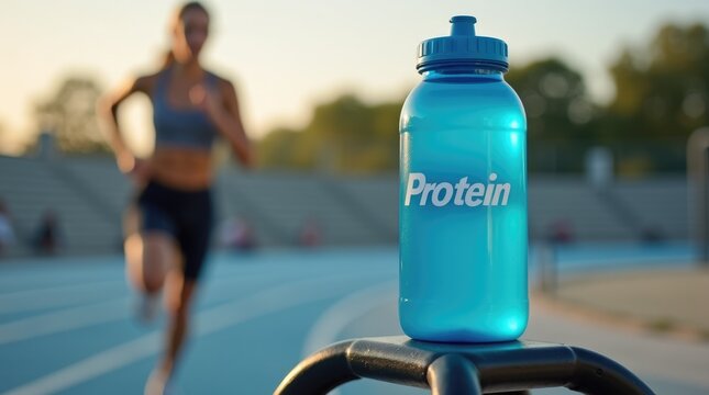 Protein water bottle on outdoor gym equipment with blurred female sprinter, fitness lifestyle scene, post-training replenishment
