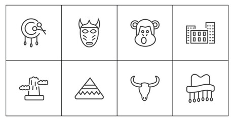 culture and civilization icon set with native american drum, native american mask, skull of a bull, cork hat signs in flat outline style © Abstract