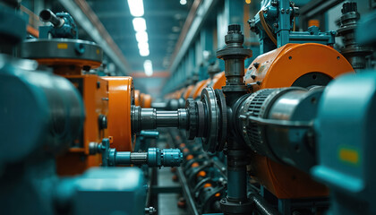 Obraz premium Industrial factory interior showing heavy machinery with complex moving parts. Automated production line with powerful equipment in a manufacturing plant. Technical industrial process.
