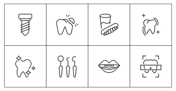 dental health icon set with implant fixture, broken tooth, oral, dental x ray signs in flat outline style