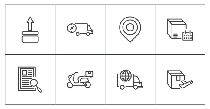 delivery and logistics icon set with side up, fast delivery, logistic, delivery by plane signs in flat outline style