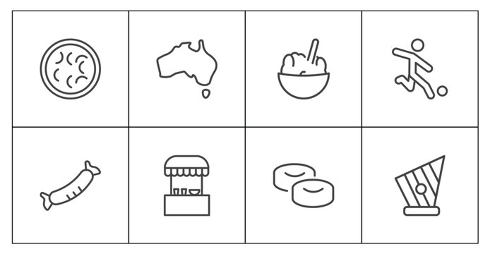 culture and civilization icon set with fabada, australian continent, mantecados, kankles signs in flat outline style