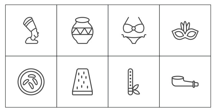 culture and civilization icon set with nefertiti, native american pot, native american flute, pipe of peace signs in flat outline style