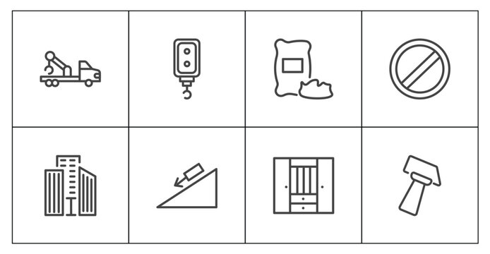 construction icon set with crane truck, pulley hook, big clo, inclined hammer signs in flat outline style