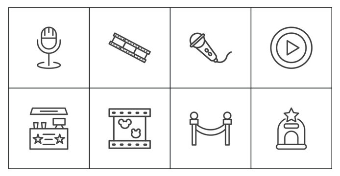 cinema and theater icon set with studio mic, film negatives, cinema borders, cinema ticket window signs in flat outline style