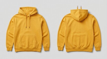 Yellow Hoodie Mockup Front and Back View on Plain Background for Fashion Branding, Apparel Presentation, and E-commerce Website © IamHydra13
