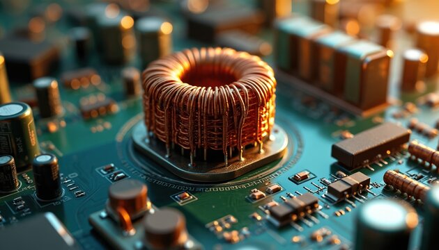 Macro shot of copper wire wound toroidal transformer on green circuit board. Electronic components like capacitors and resistors fill background with warm light.