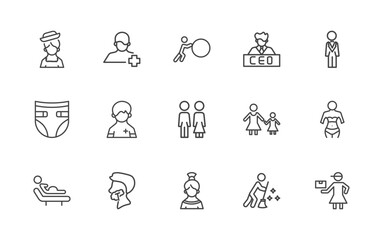 Fototapeta premium people and relation icon set with chilean, patien, effort, delivery woman signs in flat outline style