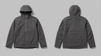 Charcoal Gray Men's Hooded Jacket Mockup - Front and Back Views for E-commerce Website, Apparel Branding, Fashion Catalog and Marketing Presentation © IamHydra13